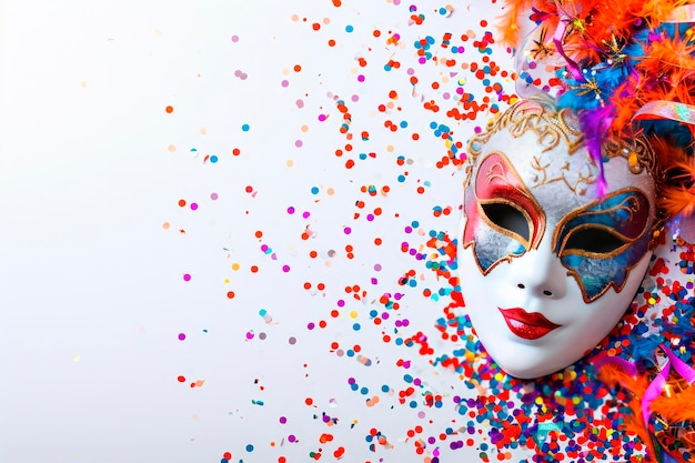 Karnevalsparty-Hintergrundvenezianische Maske auf weißem Hintergrund mit Konfetti-Kopierraum