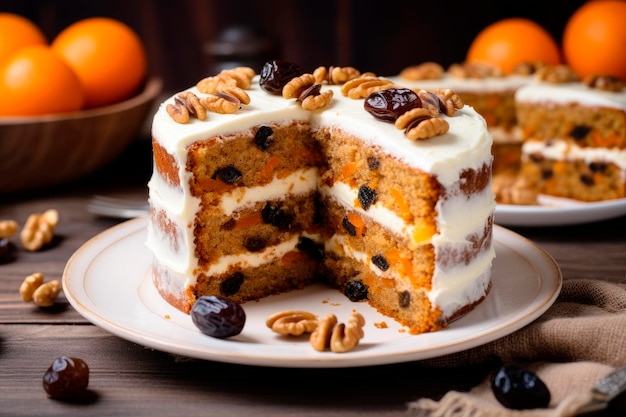 Kostenloses Foto karottenkuchen mit walnüssen, pflaumen und getrockneten aprikosen auf einem holztisch