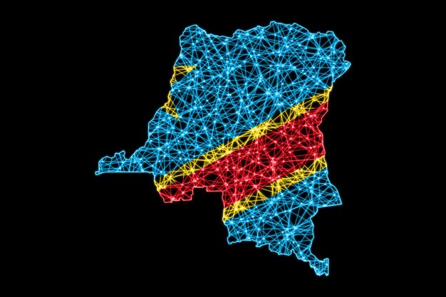 Karte der Demokratischen Republik Kongo, polygonale Maschenlinienkarte, Flaggenkarte