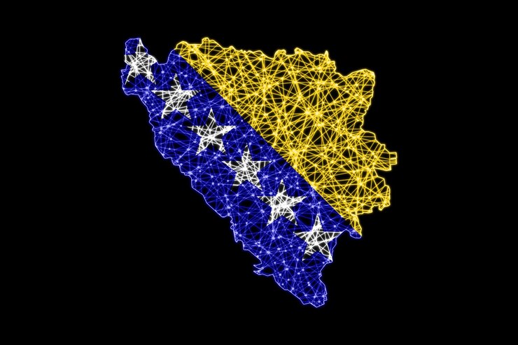 Karte von Bosnien und Herzegowina, polygonale Netzlinienkarte, Flaggenkarte