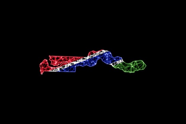 Karte von Gambia, polygonale Maschenlinienkarte, Flaggenkarte