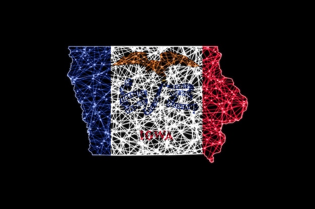 Karte von Iowa, polygonale Maschenlinienkarte, Flaggenkarte
