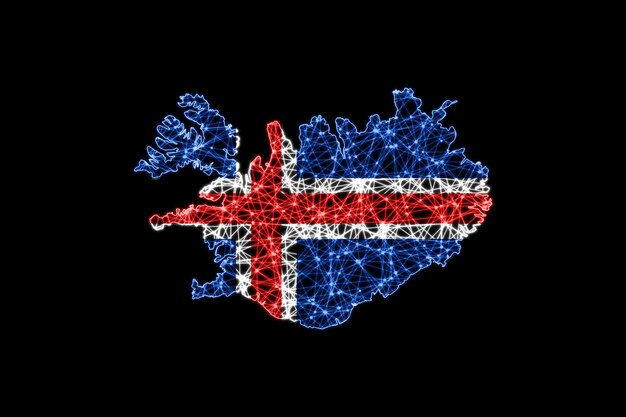 Karte von Island, polygonale Maschenlinienkarte, Flaggenkarte