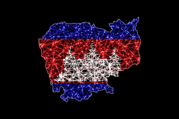 Karte von Kambodscha, polygonale Maschenlinienkarte, Flaggenkarte