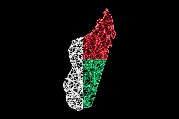 Karte von madagaskar, polygonale maschenlinienkarte, flaggenkarte