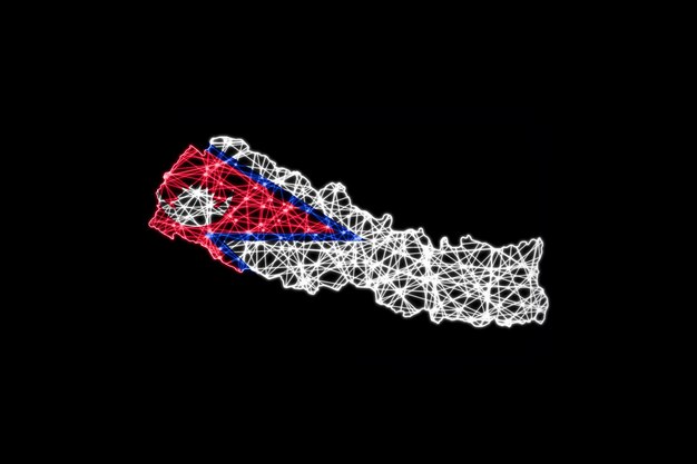 Karte von Nepal, polygonale Maschenlinienkarte, Flaggenkarte