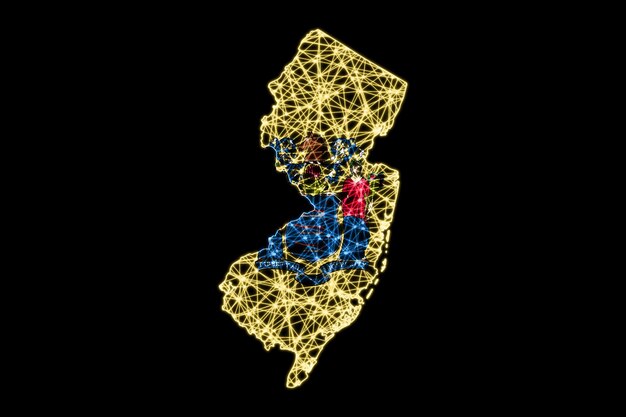 Karte von New Jersey, polygonale Maschenlinienkarte, Flaggenkarte