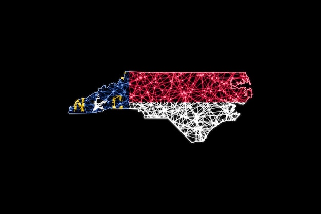 Karte von North Carolina, polygonale Maschenlinienkarte, Flaggenkarte