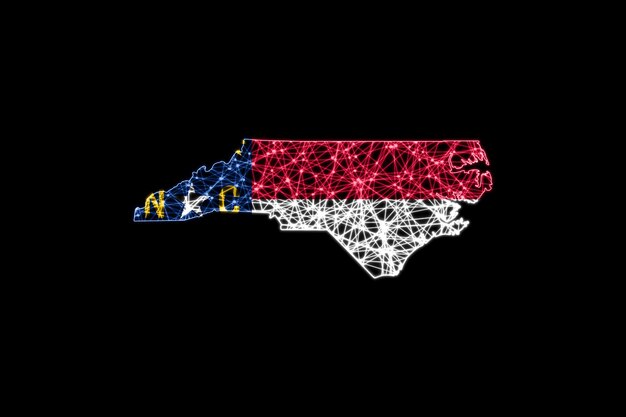 Karte von North Carolina, polygonale Maschenlinienkarte, Flaggenkarte