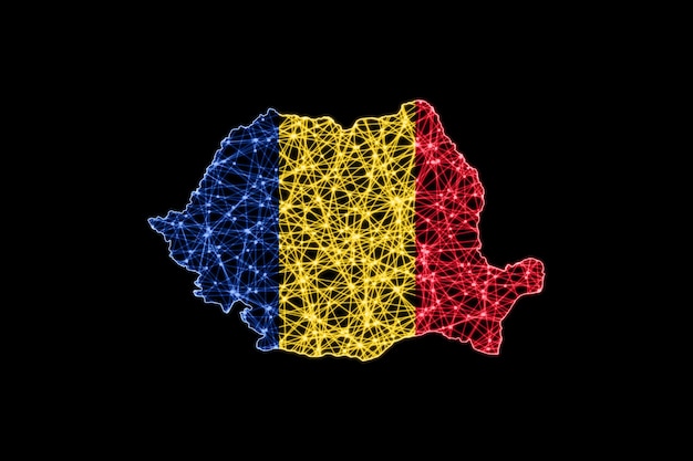 Karte von Rumänien, polygonale Maschenlinienkarte, Flaggenkarte