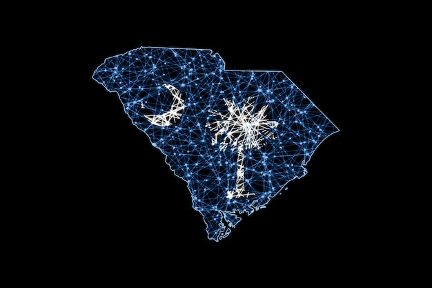 Karte von South Carolina, polygonale Maschenlinienkarte, Flaggenkarte