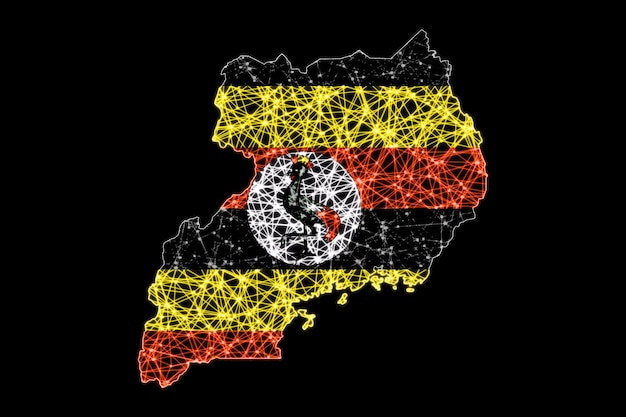 Karte von Uganda, polygonale Maschenlinienkarte, Flaggenkarte