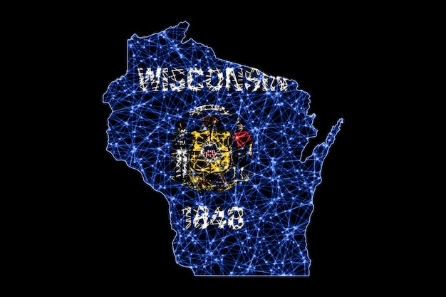 Karte von Wisconsin, polygonale Netzlinienkarte, Flaggenkarte