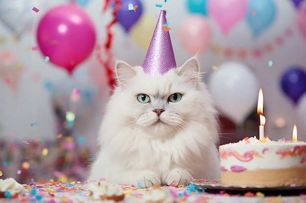 Kostenloses Foto katze feiert geburtstag mit ballons, schöne katzen- und kuchenporträts