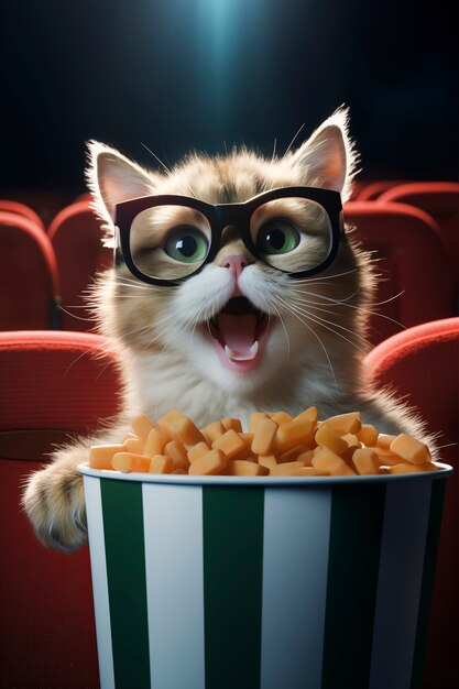 Katze im Kino, die einen Film mit Popcorn sieht