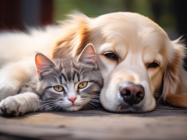 Kostenloses Foto katze und hund sind zärtlich und zeigen sich gegenseitig liebe