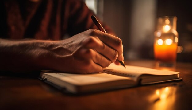 Kaukasischer Mann, der Literatur durch Kerzenflamme studiert, die von KI erzeugt wird