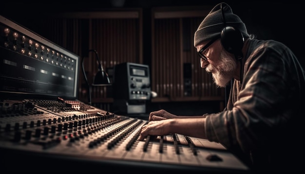 Kostenloses Foto kaukasischer musiker, der tonmischer im tonstudio anpasst, das von ki generiert wird