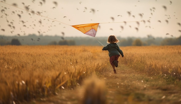 Kaukasisches Kind lässt fröhlich Drachen auf einer von KI generierten Herbstwiese steigen
