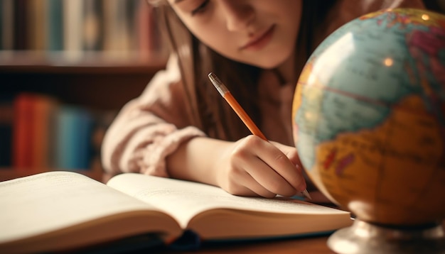 Kaukasisches Mädchen lernt am Schreibtisch im Klassenzimmer, generiert durch KI