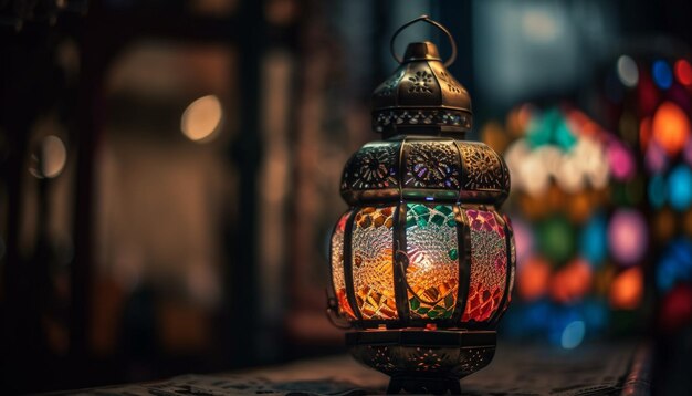 Kerzenlicht erleuchtet eine verzierte Laterne bei einer traditionellen Festfeier, die von KI generiert wird
