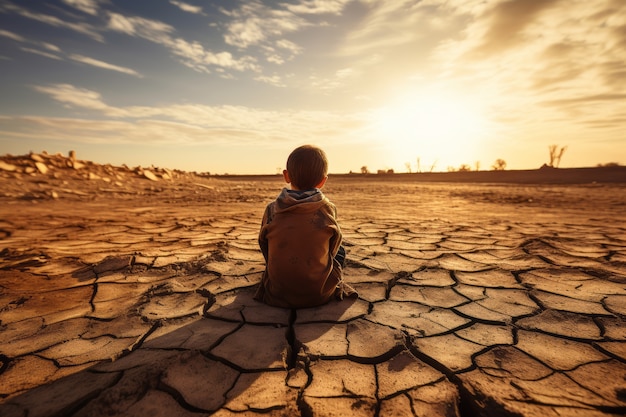Kostenloses Foto kind bleibt in einer landschaft extremer dürre