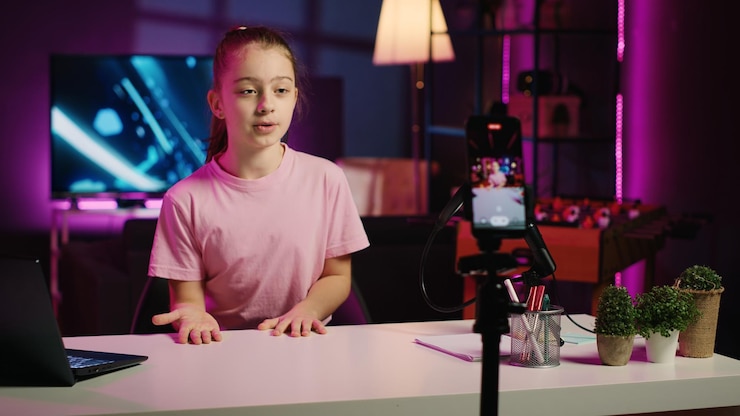 Kostenlose Foto kind erzählt dem publikum ihren namen und welche themen sie in zukünftigen clips erforschen möchte