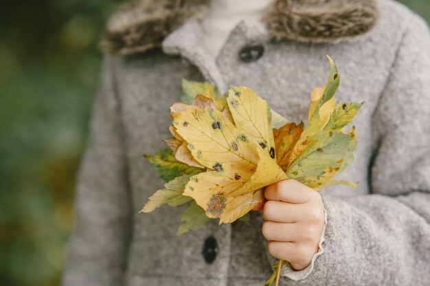 Kind in einem Herbstpark. Kind in einem grauen Mantel.