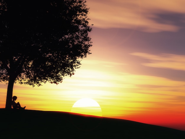 Kind saß unter einem Baum gegen eine Sonnenunterganglandschaft