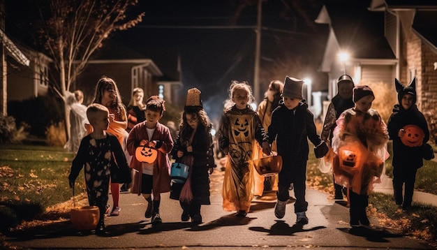 Kinder, die in der Halloween-Nacht in traditionellen Kostümen spazieren gehen, generiert von KI