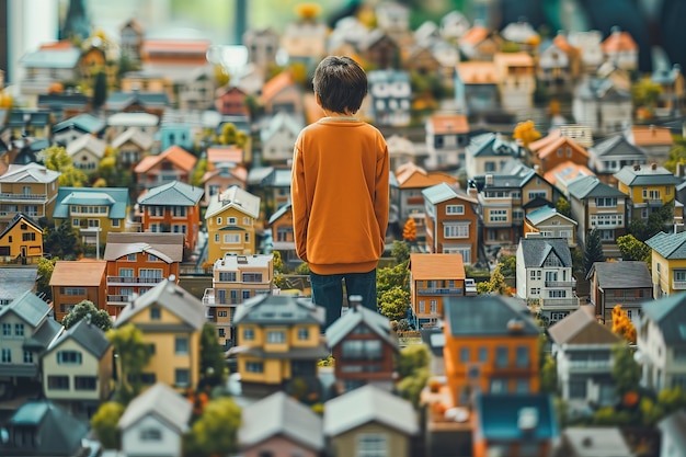 Kinder, die von Miniaturhäusern umgeben sind