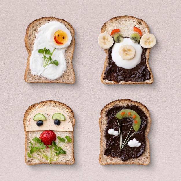 Kinder-Food-Art-Sandwiches mit lustigen Gesichtern und Blumen