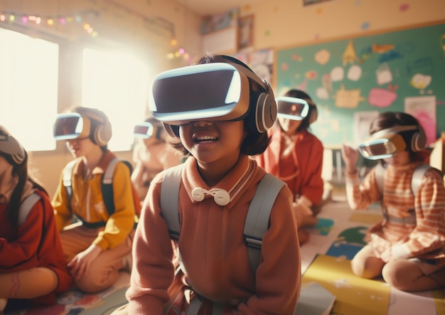 Kinder mit VR-Brille im abstrakten futuristischen Schulklassenzimmer
