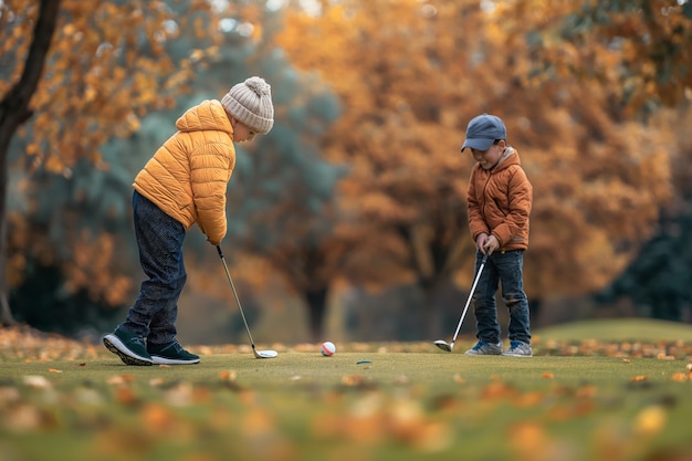 Kinder spielen Golf in einer fotorealistischen Umgebung