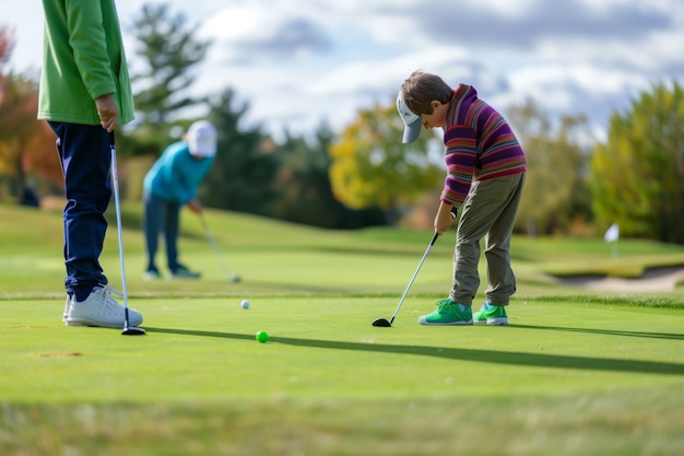 Kinder spielen Golf in einer fotorealistischen Umgebung