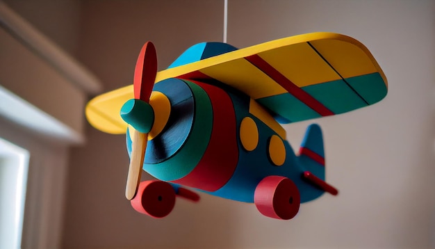 Kostenloses Foto kinderblaues propeller-spielzeugflugzeug, das sich drinnen dreht, generiert von ki