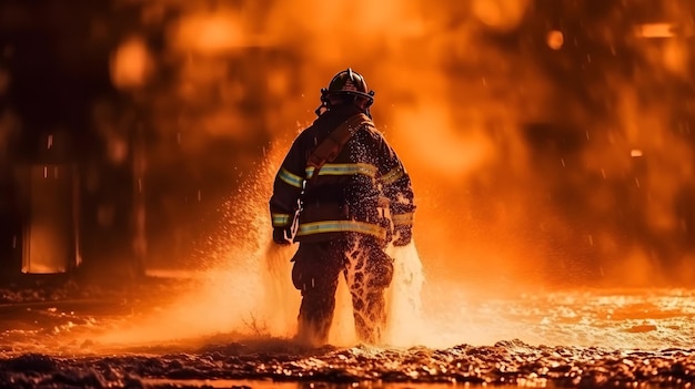 kinematografischer Feuerwehrmann mit Wasser und Löschgerät, um mit Feuerflammen zu kämpfen, der für die Sicherheit einen Anzug trägt