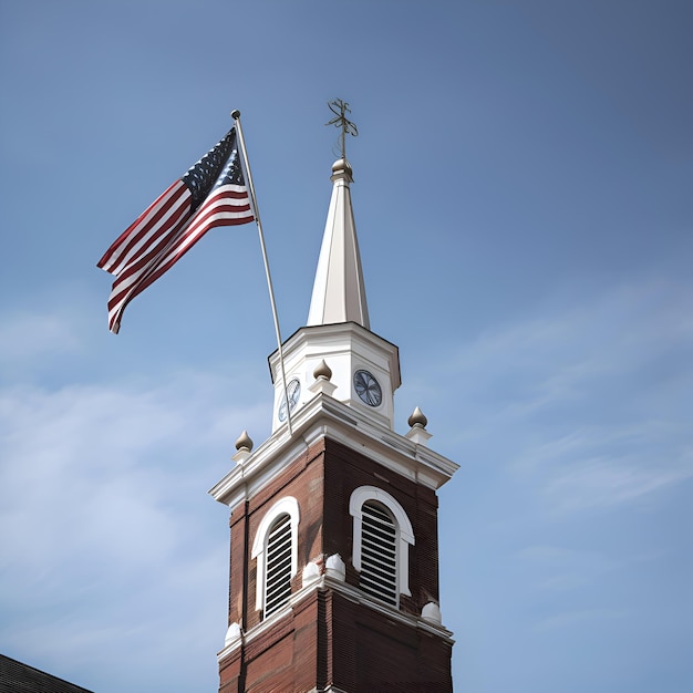 Kirchturm und Flagge der Vereinigten Staaten von Amerika vor blauem Himmel