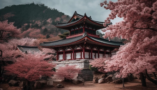 Kirschblüten blühen in einem von KI erzeugten alten Pagodengarten