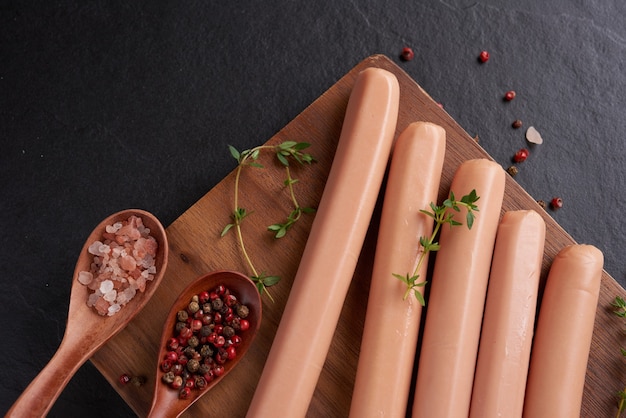 Klassische Schweinefleischwürste mit gekochtem Fleisch auf Schneidebrett mit Pfeffer und Basilikum, Petersilie, Thymian und Kirschtomaten. Snack für Kinder. schwarze Oberfläche. Würstchen mit Gewürzen und Kräutern, selektiver Fokus.