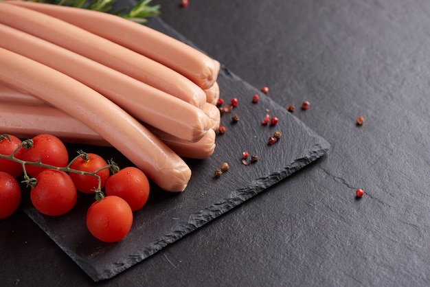 Kostenloses Foto klassische würstchen mit gekochtem fleisch auf schneidebrett mit pfeffer, basilikum und kirschtomaten.