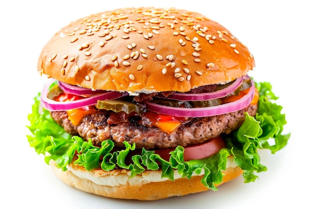 Klassischer Burger mit Rinderkotelettgemüse und Zwiebeln isoliert auf weißem Hintergrund