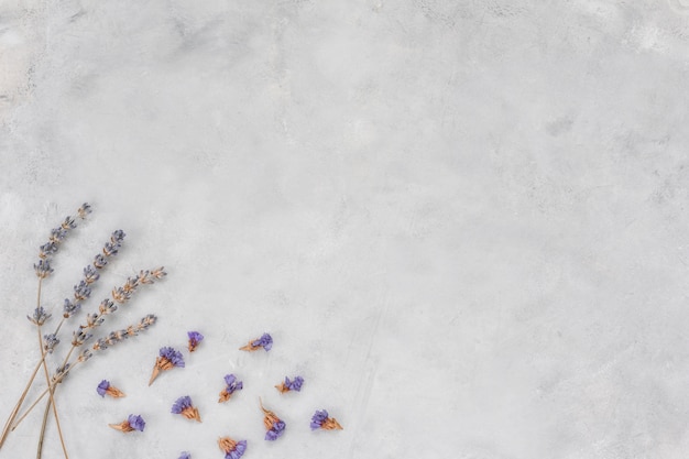 Kleine Blumenniederlassungen auf grauer Tabelle