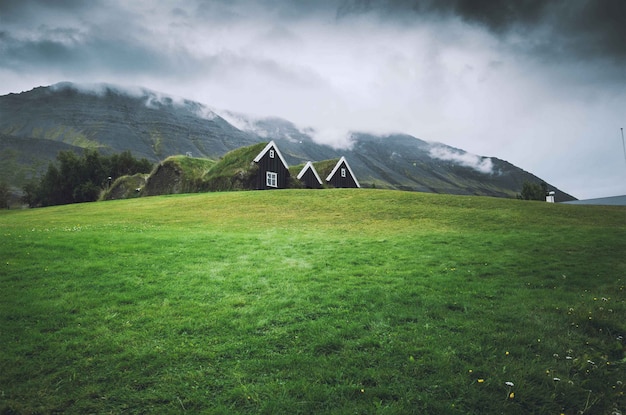 Kostenloses Foto kleine häuser in einem grünen feld mit dunklem himmel