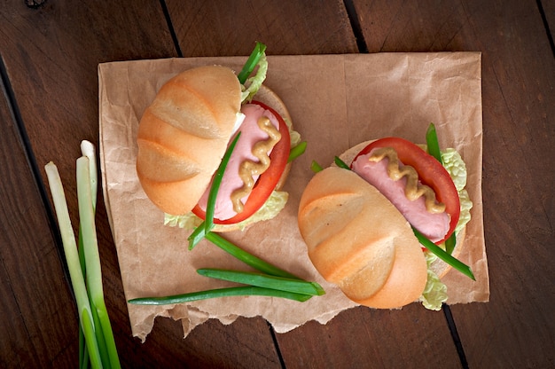 Kleiner fröhlicher Hot Dog mit Wurst und Tomate