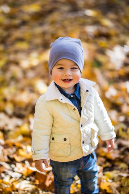 Kleiner Junge, der im Herbstpark spielt, gelbe Blätter um ihn herum