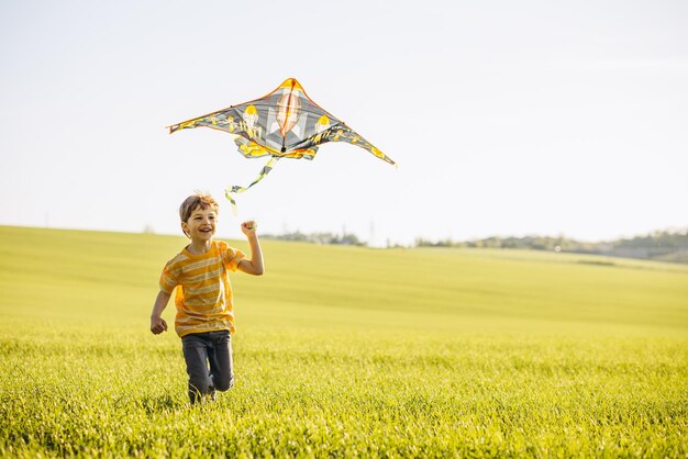 Kleiner Junge spielt mit Drachen auf einer grünen Wiese