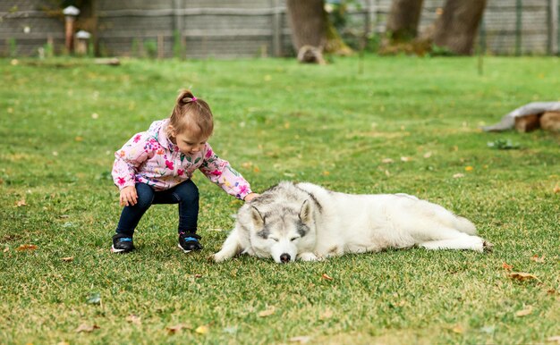 kleines Baby, das mit Hund gegen grünes Gras spielt
