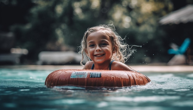 Kleines Mädchen schwimmt lächelnd im Pool mit Schwimmer, der von KI generiert wird