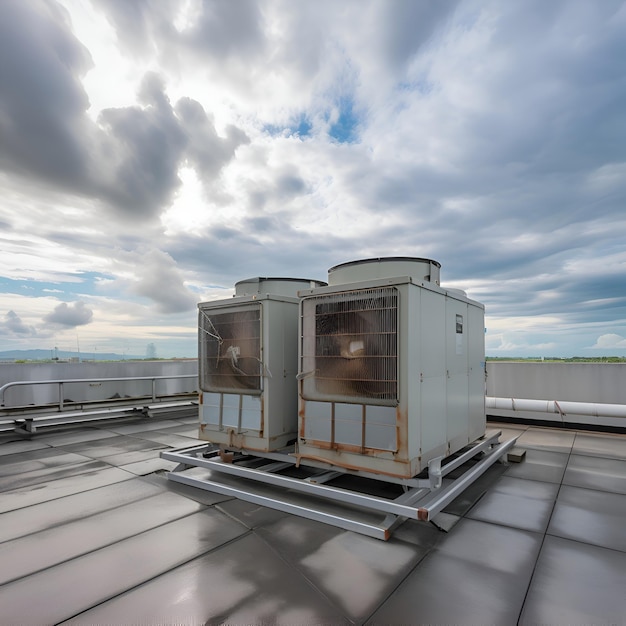 Klimaanlage auf dem Dach des Gebäudes mit bewölktem Himmel